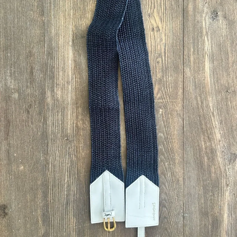 Vintage YSL Yves St. Lauren Blue And White Rattan Belt Large